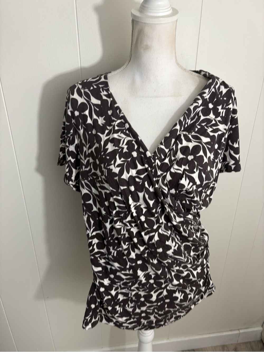 Talbots Brown and White Floral Wrap Top